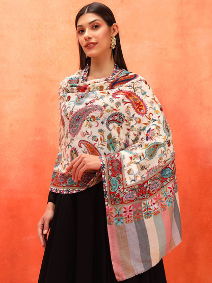 Dhiyona PA Naqqashi Pure Wool Kalamkari Paisley Embroidered Shawl