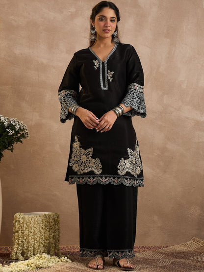 Floral Embroidered V-Neck Thread Work Straight Kurta & Palazzos