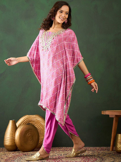 Dhiyona SN Women's Pink Bandhani Printed Gotta Patti Asymmetric Kaftan With Dhoti Pant