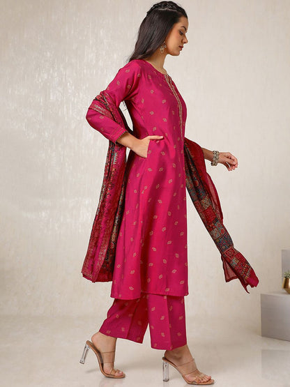 Dhiyona SO Women's Ethnic Motifs Printed Thread Work Straight Kurta with Palazzos & Dupatta