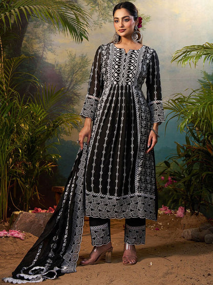 Women Floral Embroidered Cotton Kurta with Trousers & Dupatta