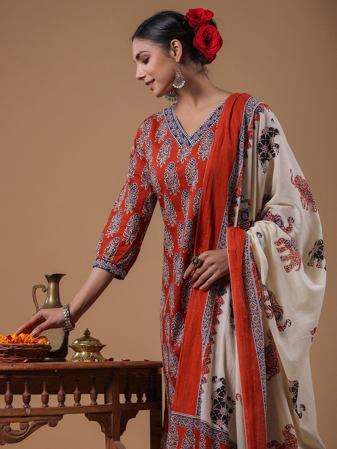 Women Rust Ethnic Motifs Printed Regular Pure Cotton Kurta with Trousers & With Dupatta