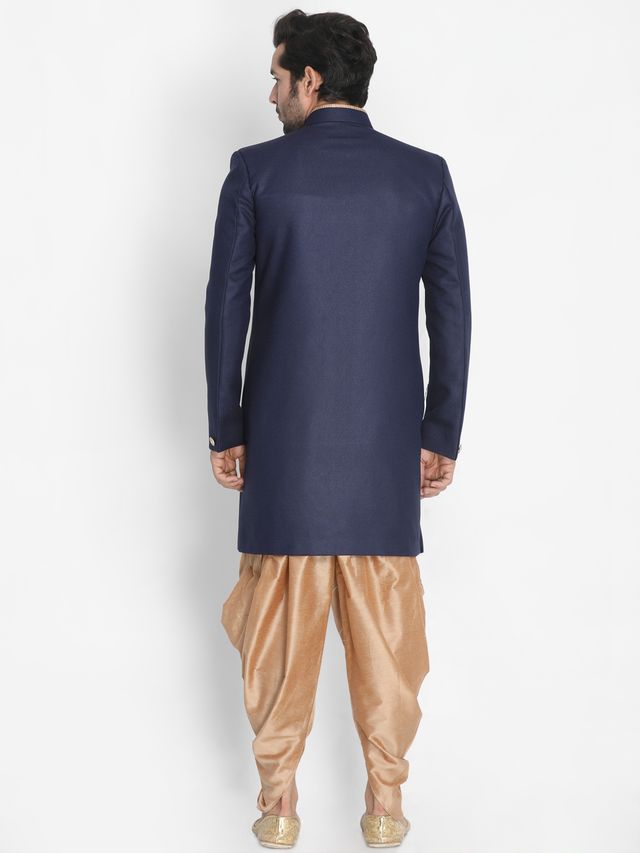 Men's Dark Blue Polyester Lurex Blend Straight Sherwani Set