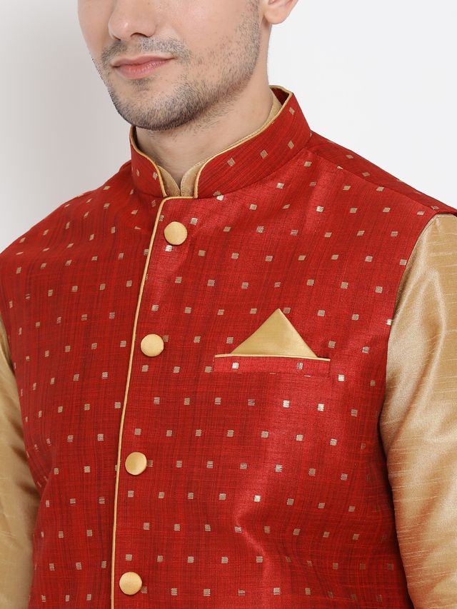Men's Gold Silk Blend Straight Jacket  Kurta and Dhoti Set
