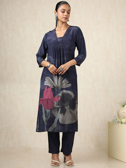 Dhiyona SO Women's Floral Printed Square Neck Beads and Stones Silk Empire Kurta With Trousers & Dupatta