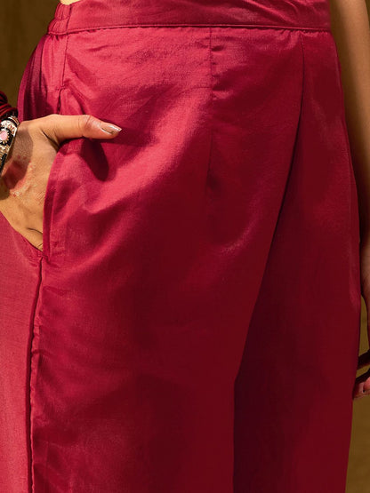 Red Embroidered Chanderi Silk Straight Zari Kurta With Trousers & Dupatta