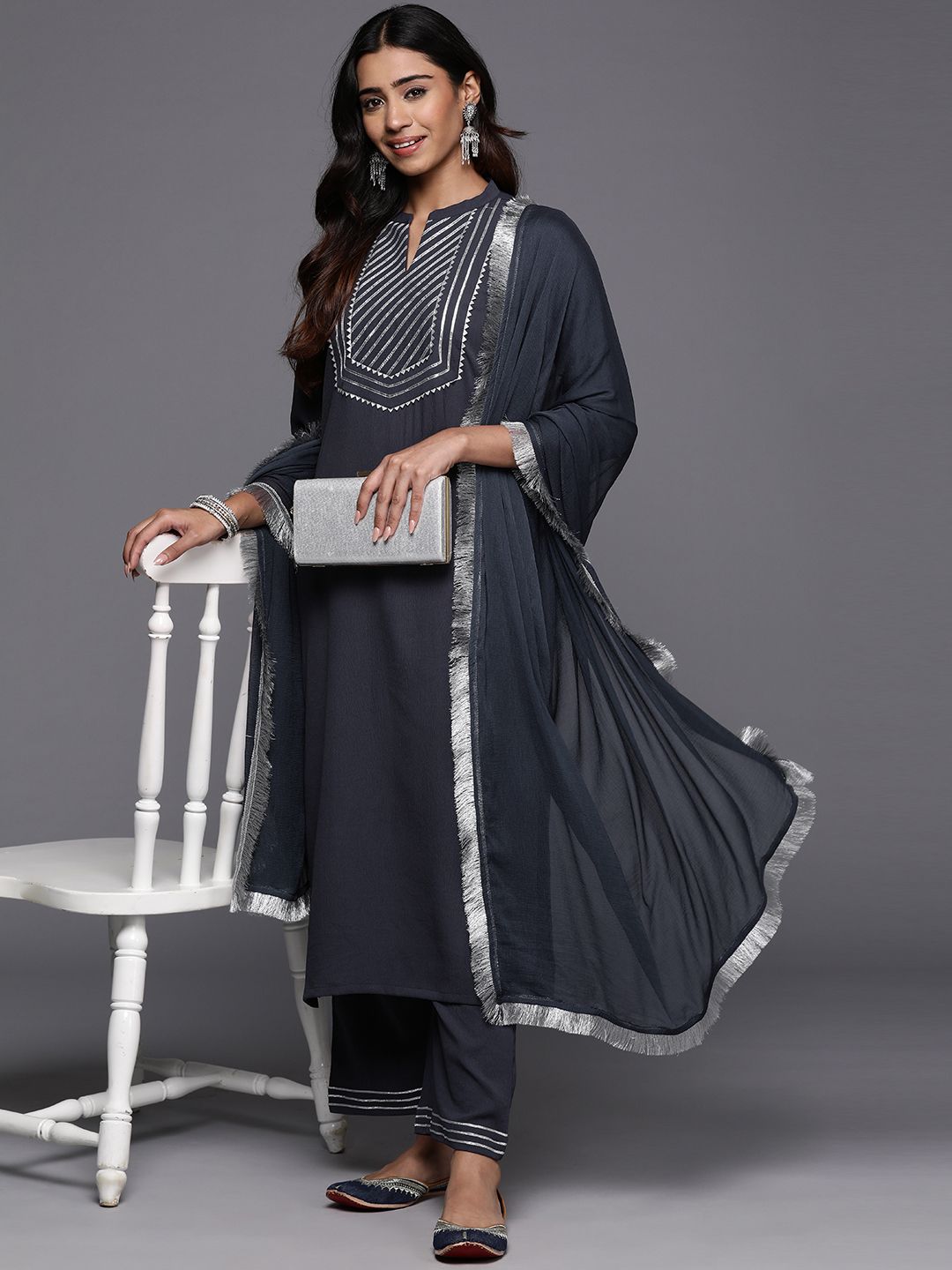 Dhiyona VA Women'sYoke Design Gotta Patti Straight Kurta & Trousers With Dupatta