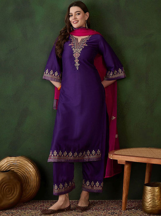 Dhiyona SN Women's Floral Yoke Design Notch Neck Sequinned Straight Kurta With Trousers & Dupatta