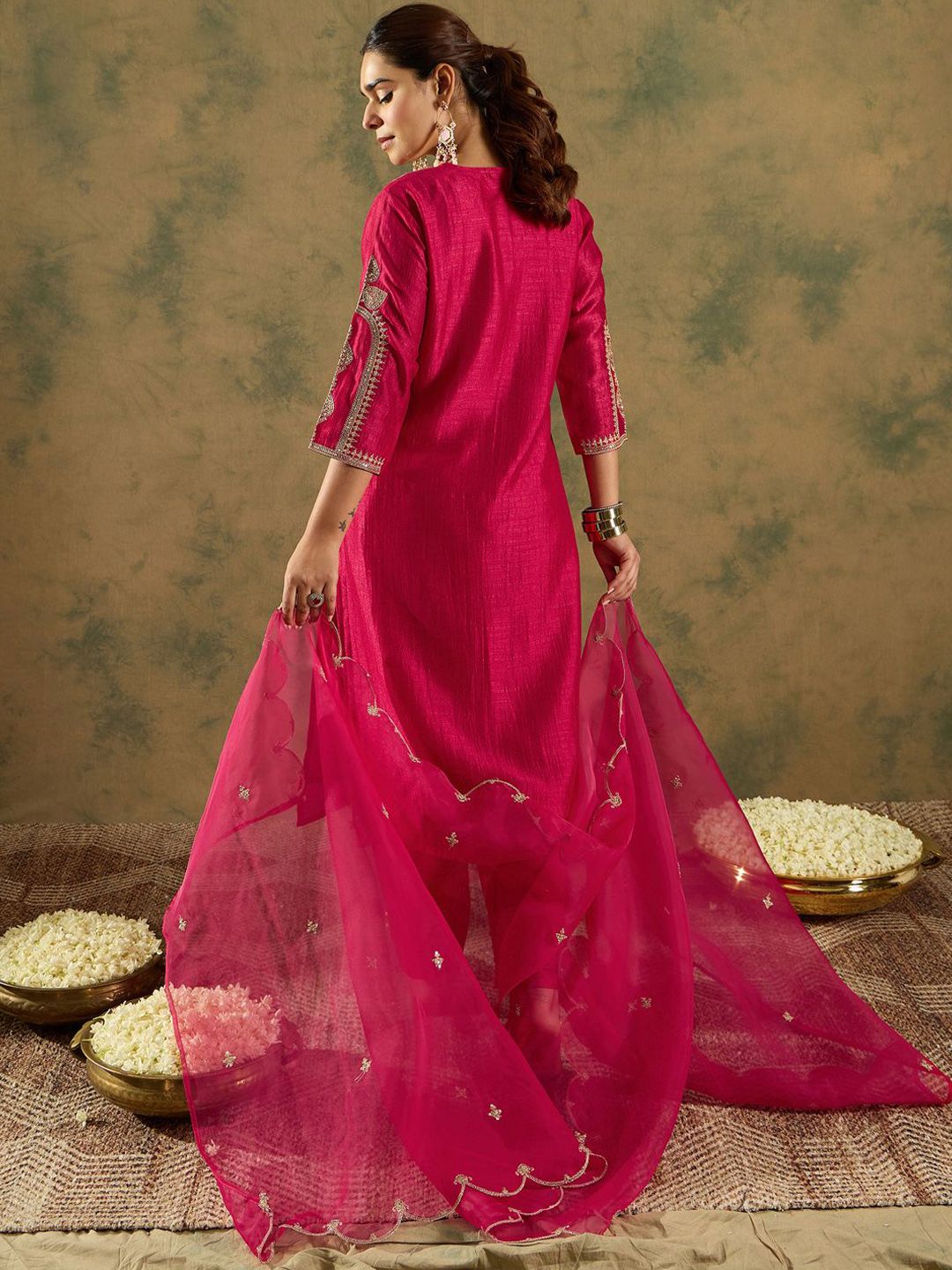 Ethnic Motifs Embroidered Panelled A-Line Kurta with Trousers & Dupatta