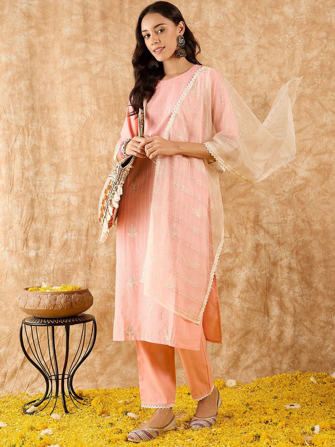Dhiyona IE Ethnic Motifs Embroidered Sequinned Straight Kurta With Trousers & Dupatta