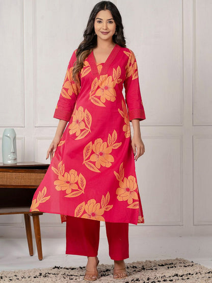Dhiyona IE Floral Printed V-Neck Pure Cotton Tunic & Palazzos