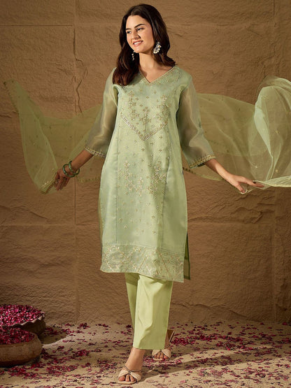 Dhiyona PD Women Floral Embroidered V-Neck Chanderi Cotton Kurta & Trousers With Dupatta