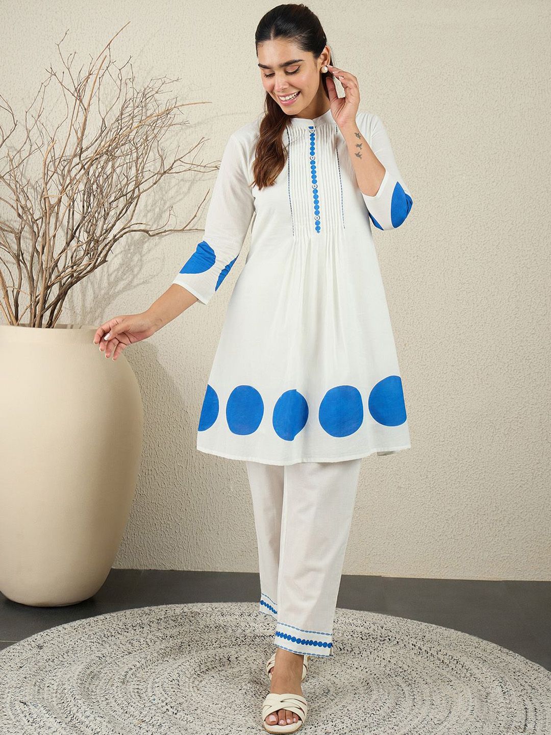 Printed Pleated Thread Work Pure Cotton Kurta With Trousers