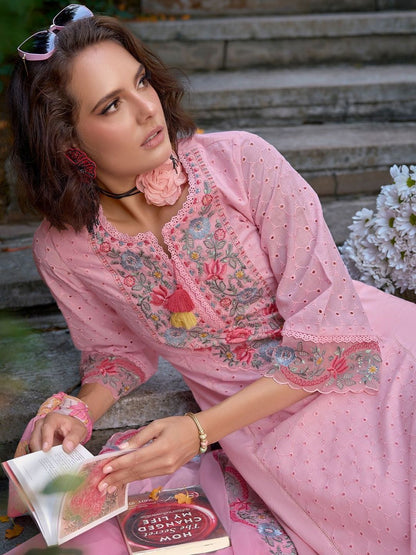 Women Floral Embroidered Regular Thread Work Pure Cotton Kurta with Trousers & With Dupatta
