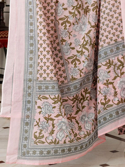Dhiyona IE Women Floral Printed Regular Beads and Stones Pure Cotton Kurta with Trousers & With Dupatta