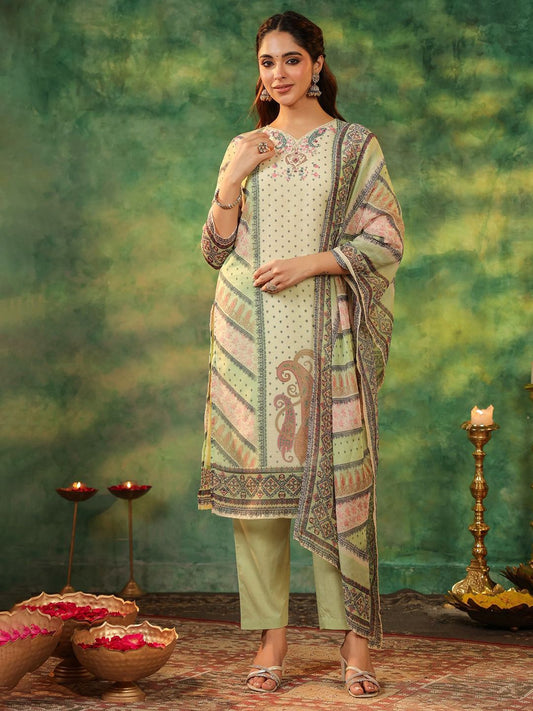 Dhiyona RR Women's Ethnic Motifs Printed Sequinned Straight Kurta With Trouser & Dupatta