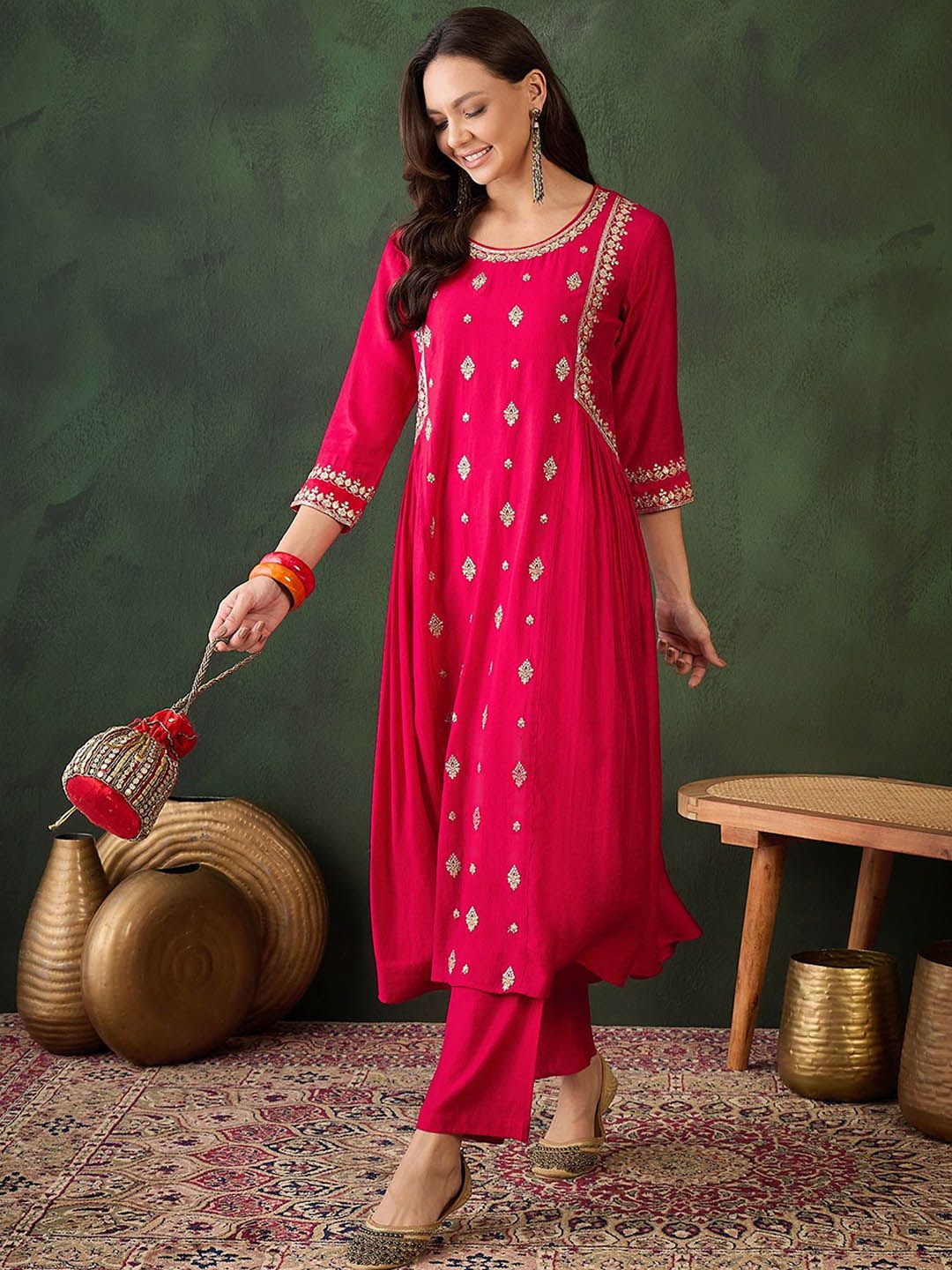Dhiyona SN Women's Floral Embroidered Round Neck Sequinned Anarkali Kurta With Trousers