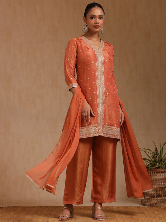 Dhiyona SO Women's Embroidered Woven Design Sequinned A-Line Kurta with Palazzos & Dupatta