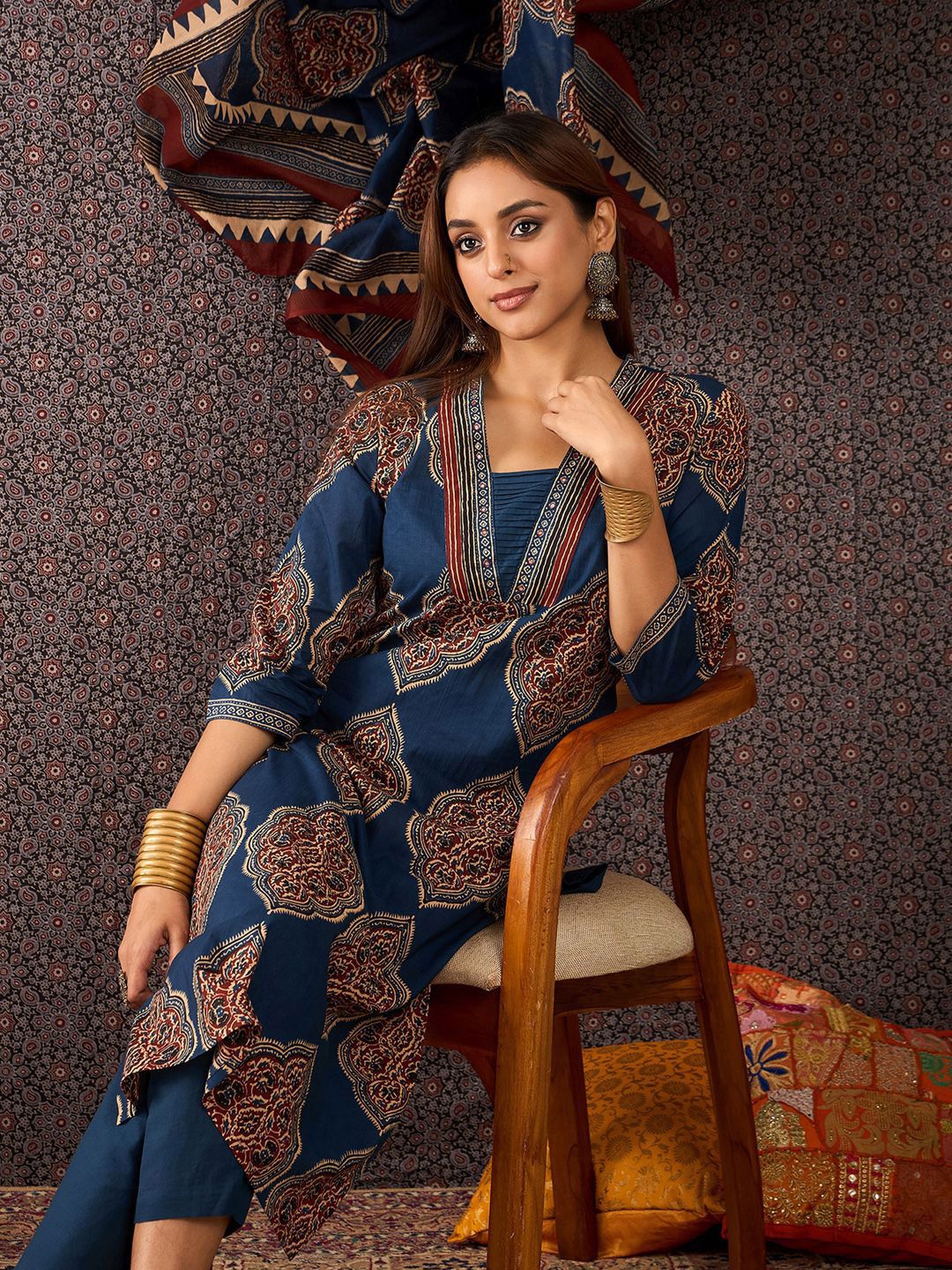 Women Ajrakh Printed Straight Kurta Trousers With Dupatta Set