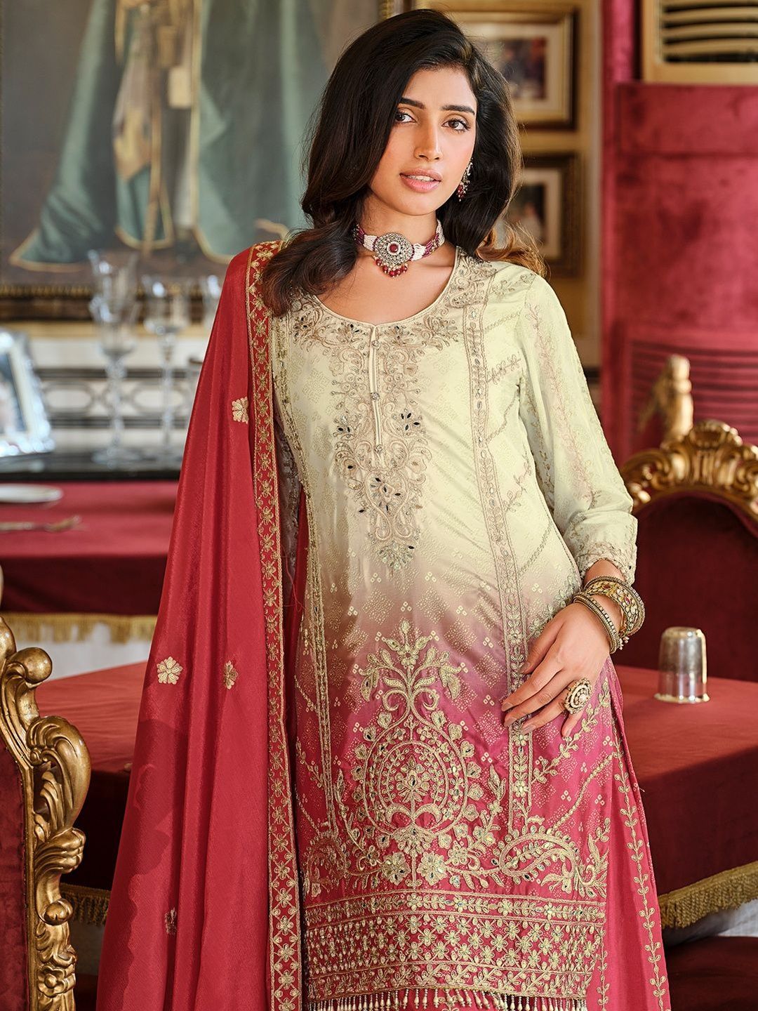 Dhiyona IE Ethnic Motifs Embroidered Round Neck Straight Kurta With Sharara & Dupatta