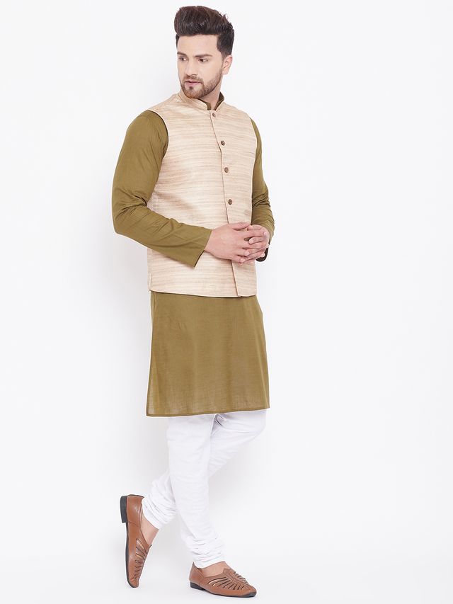 Men's Mehendi Green Cotton Blend Straight Jacket  Kurta and Pyjama Set