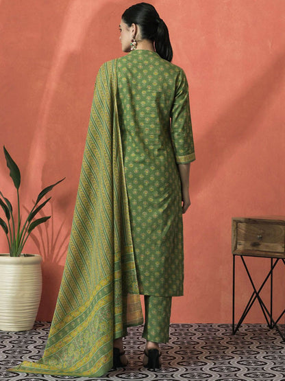 Dhiyona SN Women's Floral Printed Mandarin Collar Pure Cotton Straight Kurta With Trouser & Dupatta