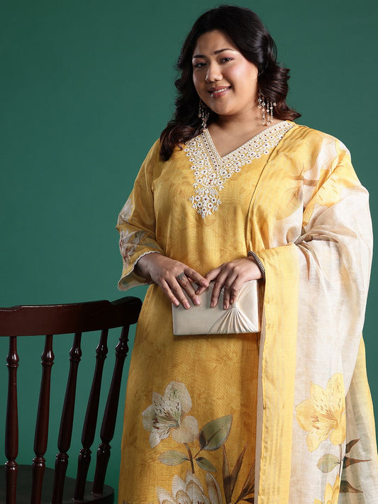 Plus Size Floral Print Regular Thread Work Kurta with Palazzos & Dupatta
