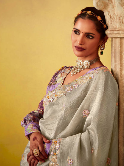 Dhiyona KM Women Elegant Silver Saree With Ornate Blouse