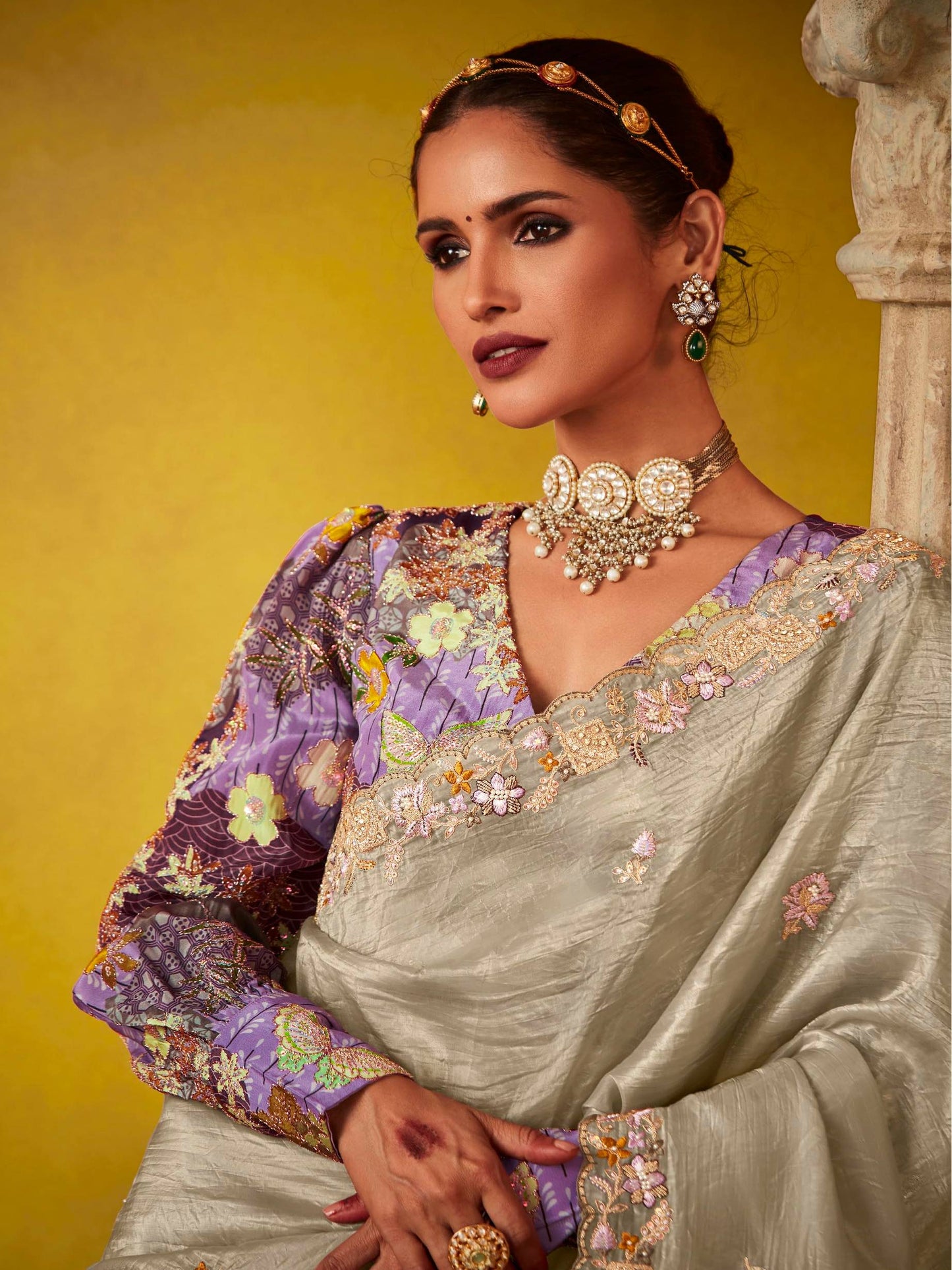 Dhiyona KM Women Elegant Silver Saree With Ornate Blouse