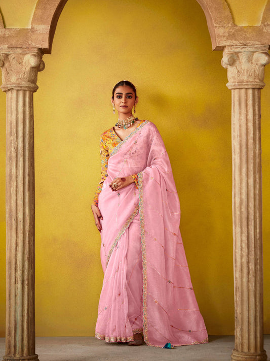 Dhiyona KM Women Pink Saree With Floral Embroidered Blousepink Saree With Floral Embroidered Blouse