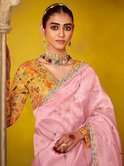 Dhiyona KM Women Pink Saree With Floral Embroidered Blousepink Saree With Floral Embroidered Blouse