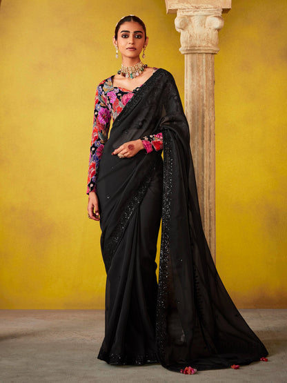 Dhiyona KM Women Elegant Black Saree With Vibrant Floral Embroidered Blouse