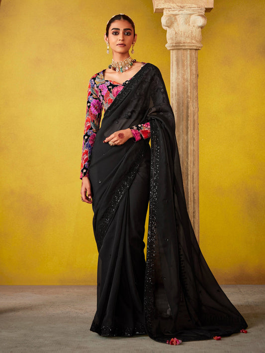 Dhiyona KM Women Elegant Black Saree With Vibrant Floral Embroidered Blouse