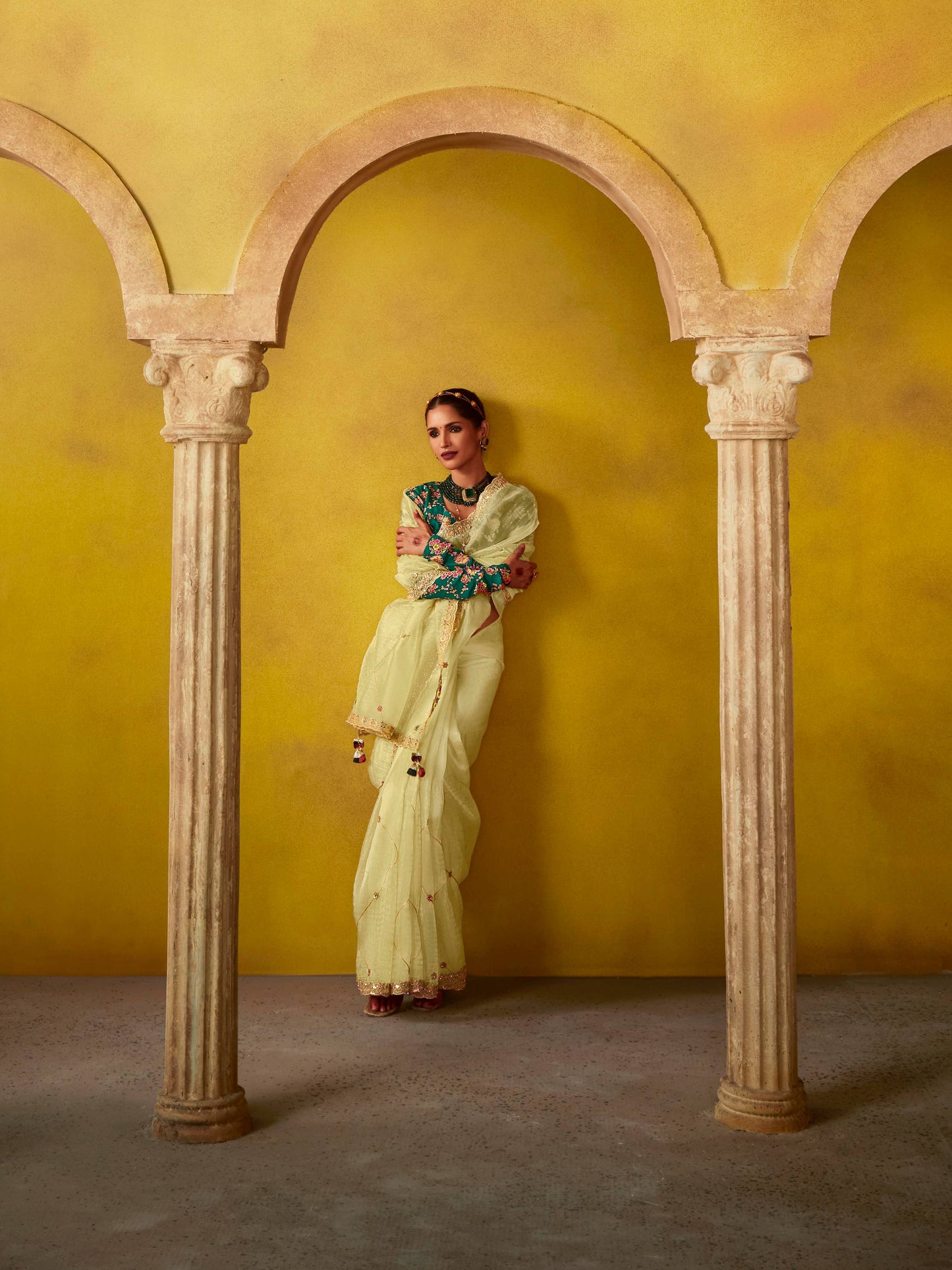 Dhiyona KM Women Lemon Yellow Saree With Embroidered Teal Blouse