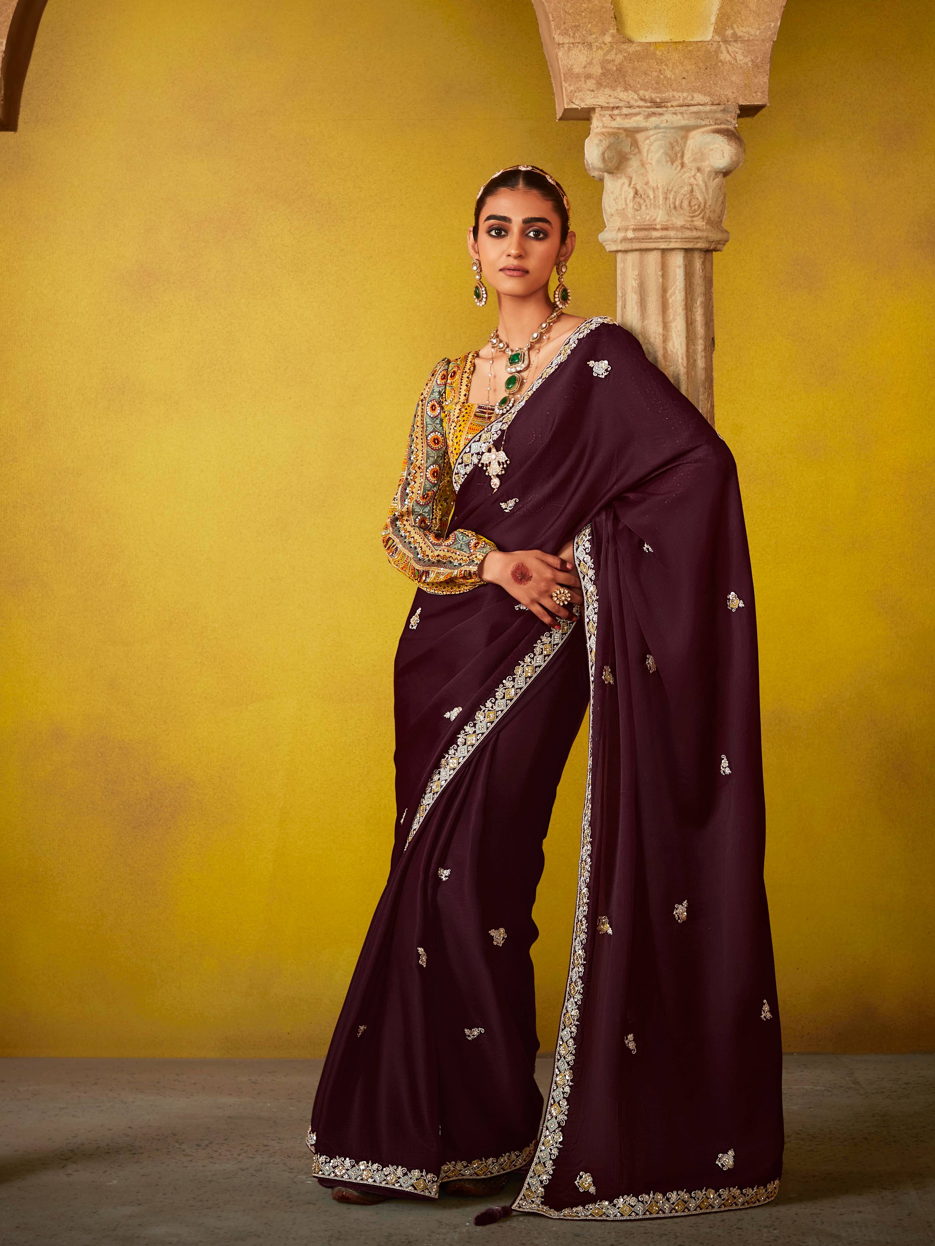 Dhiyona KM Women Wine Elegance “ Embroidered Saree With Heritage Blouse