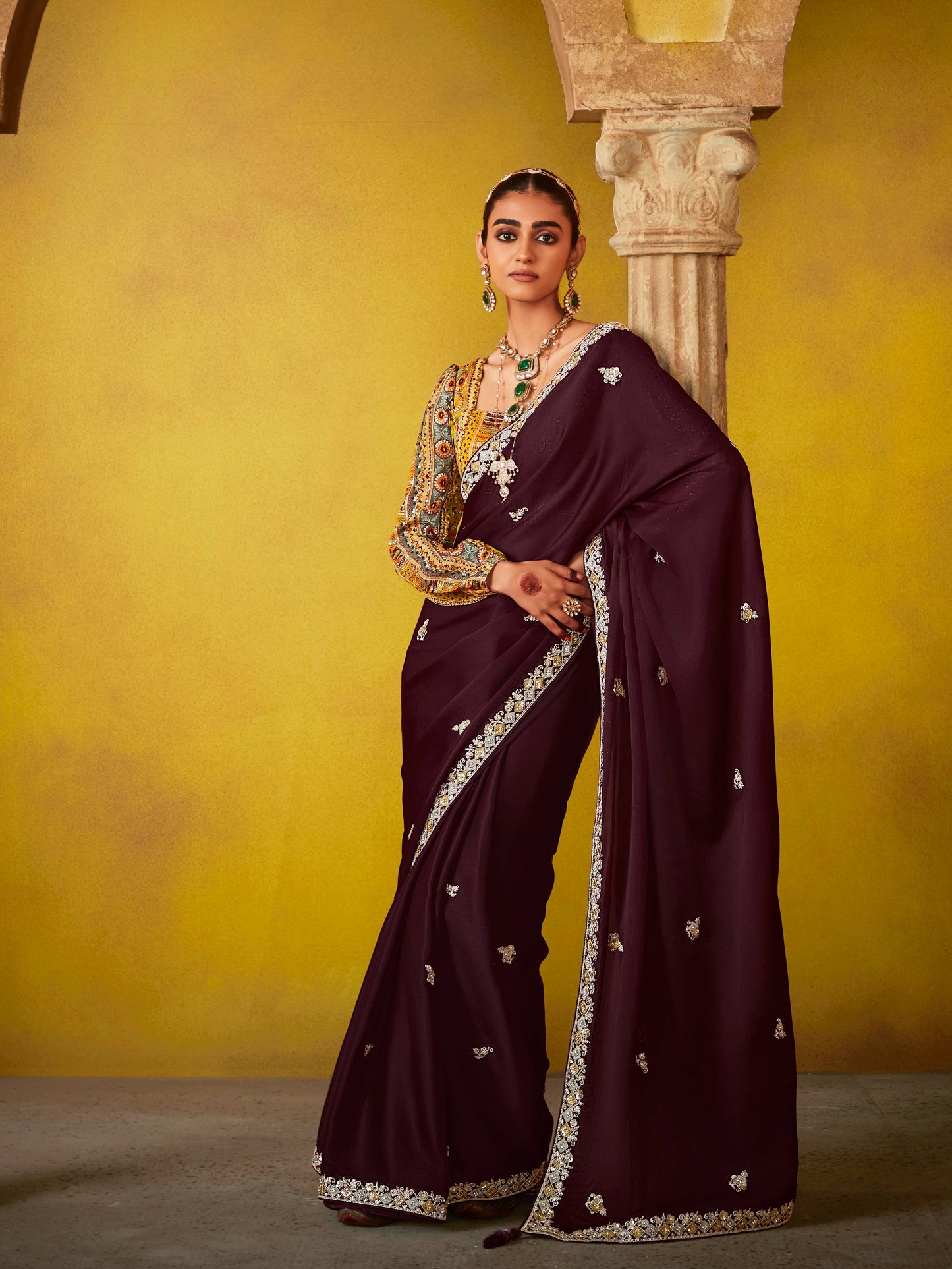 Dhiyona KM Women Wine Elegance “ Embroidered Saree With Heritage Blouse