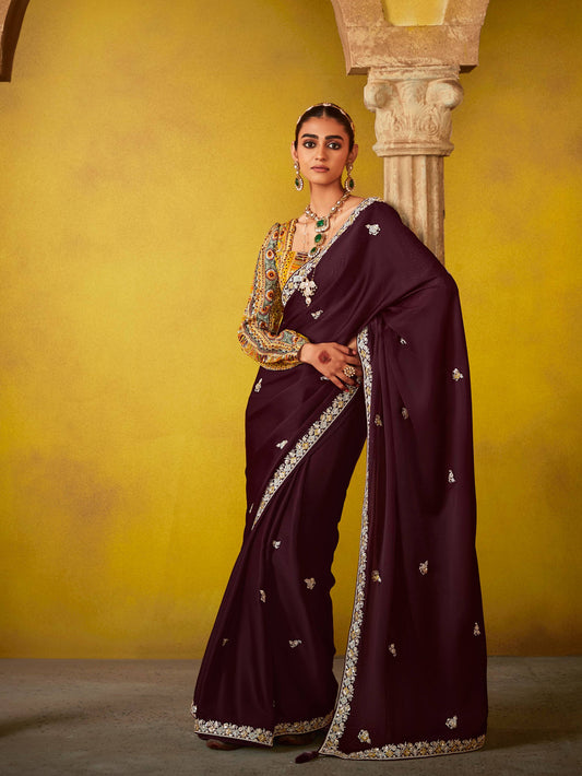 Dhiyona KM Women Wine Elegance “ Embroidered Saree With Heritage Blouse
