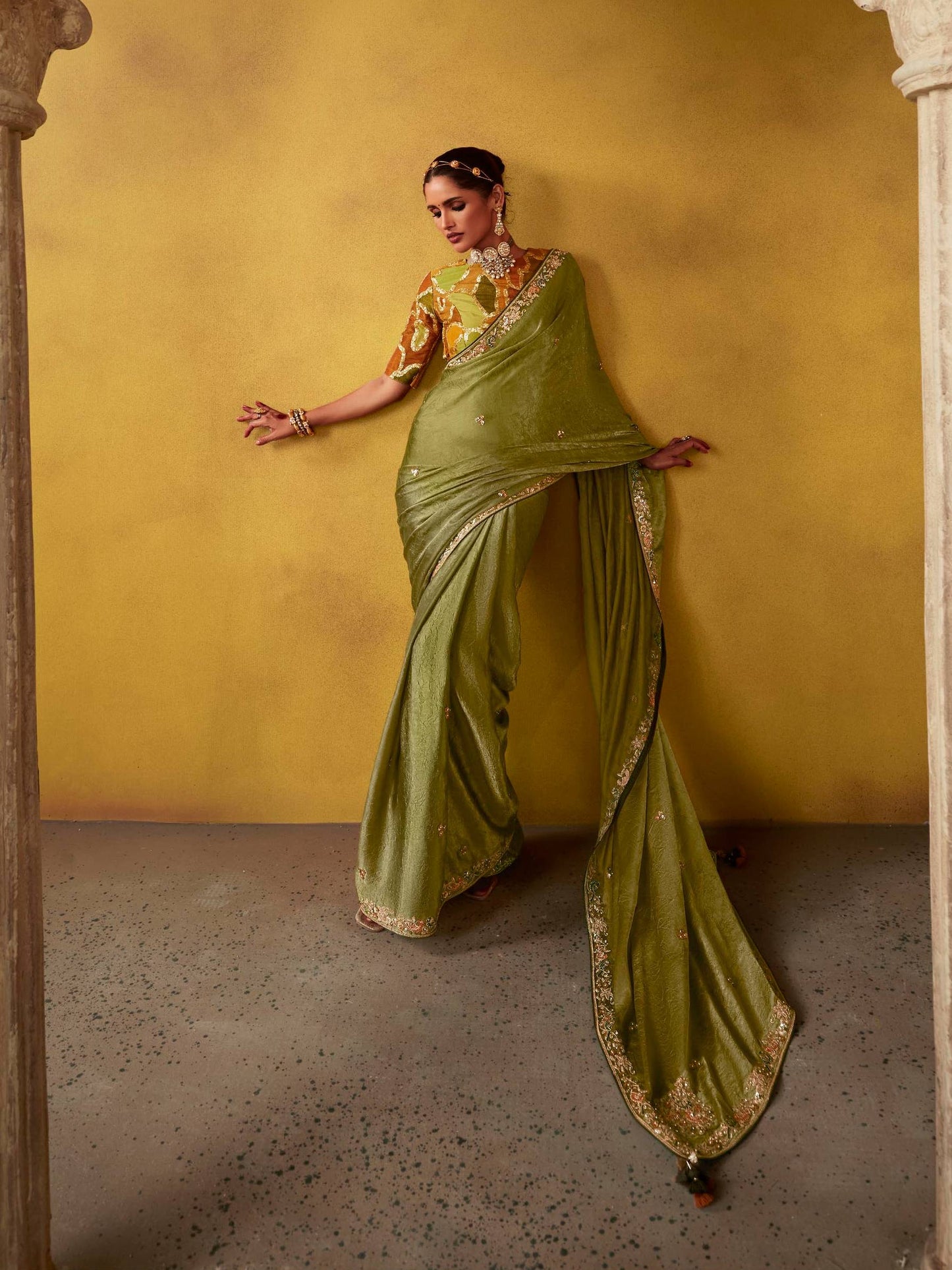 Dhiyona KM Women Olive Green Saree : Heritage And Elegance