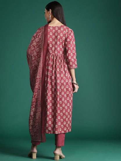 Dhiyona IE Floral Printed Empire Pure Cotton Kurta with Trousers & With Dupatta