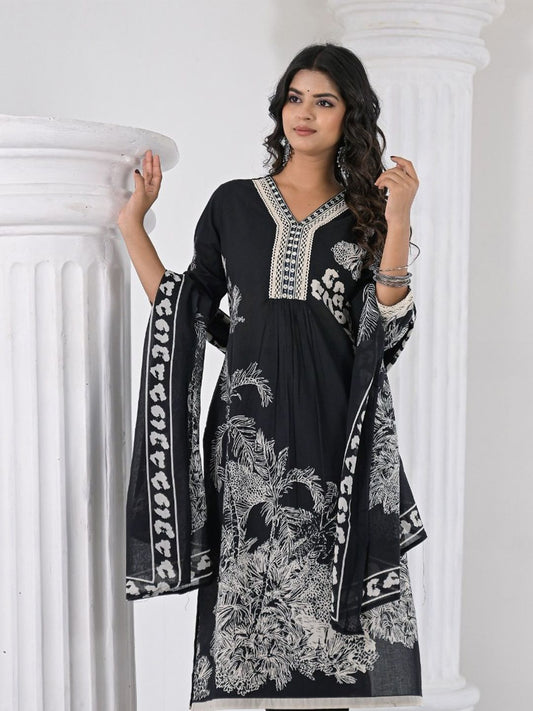 Dhiyona VA Women's Floral Printed Regular Thread Work Pure Cotton Kurta with Trousers & With Dupatta