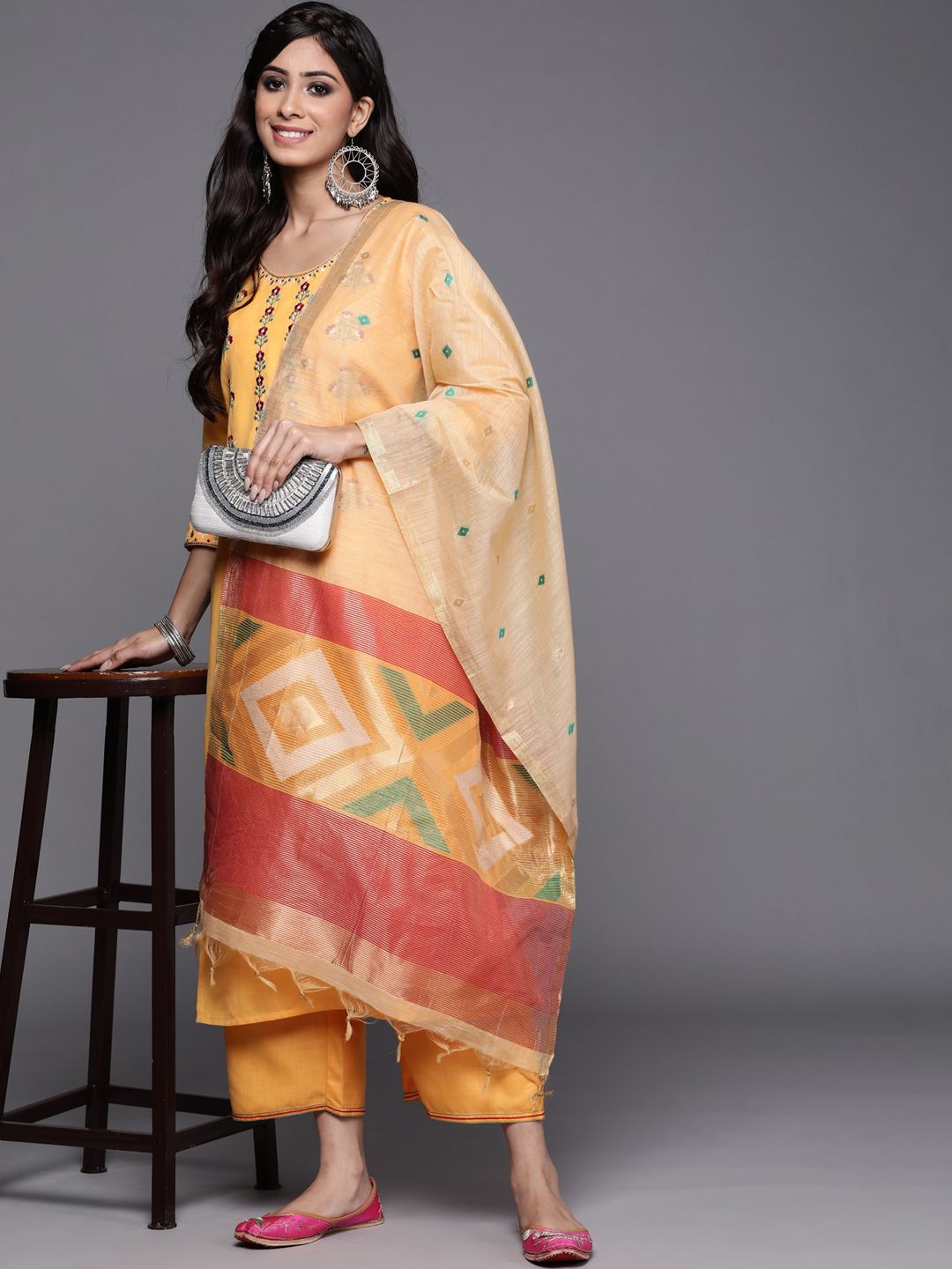 Women Yellow Embroidered Kurta with Palazzos & With Dupatta