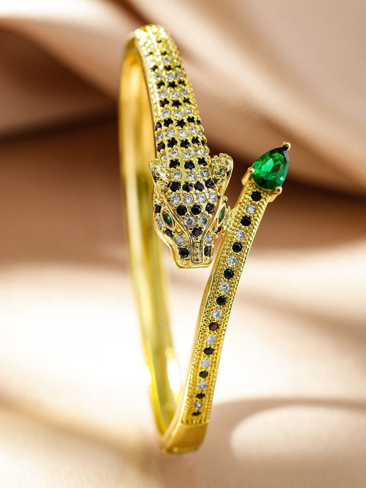 Dhiyona RJ Women's 22K Gold Plated Demi Fine Panther Bracelet with Green Black & White Cubic Zirconia