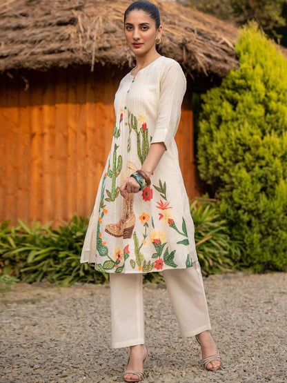 Floral Printed Round Neck A-LIne Pure Cotton Kurta WIth Trousers