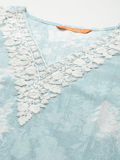 Floral Printed Thread Work Pure Cotton Kurta With Trousers & Dupatta