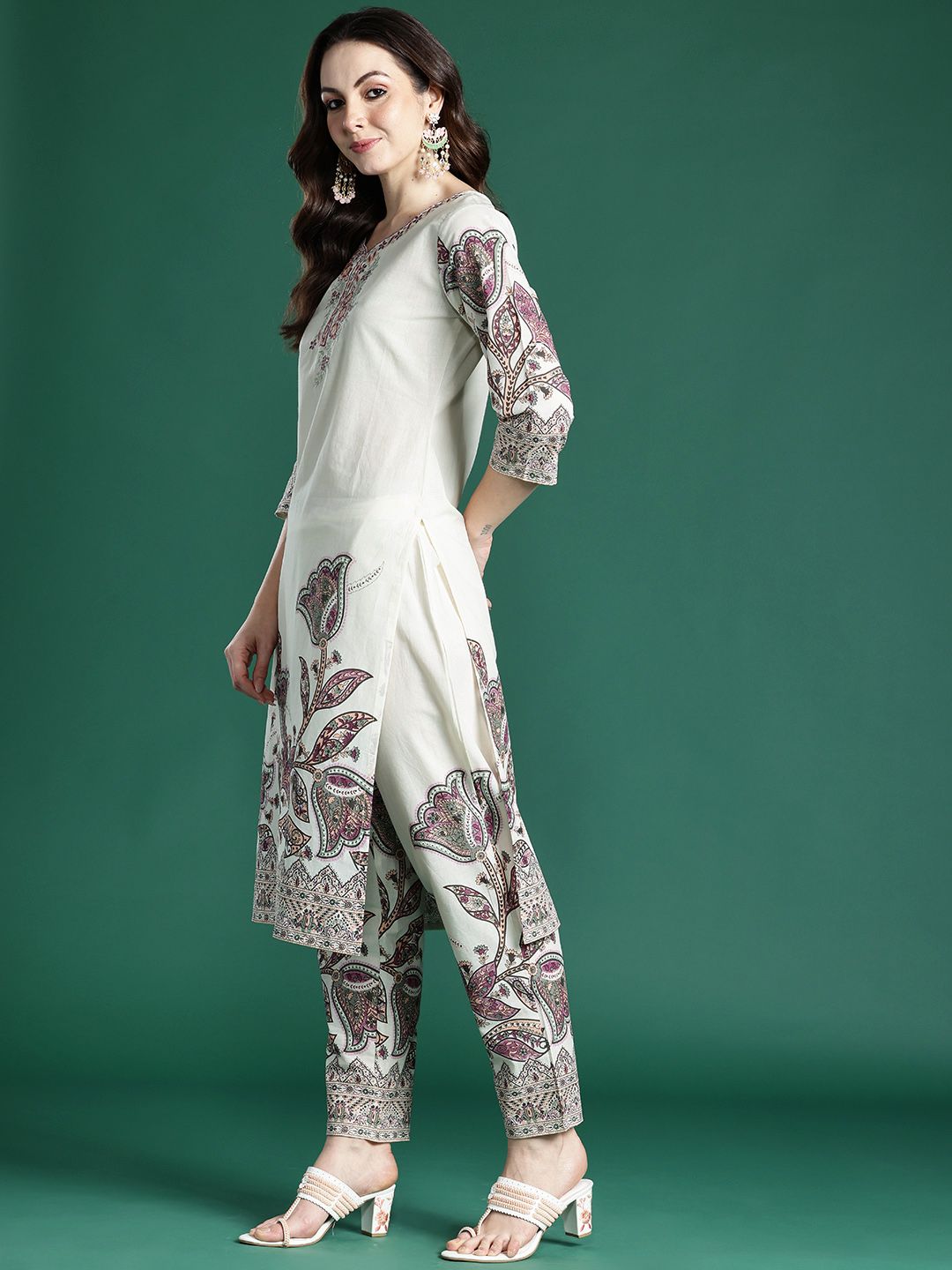 Floral Embroidered Pure Cotton Kurta with Trousers & Dupatta
