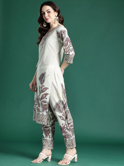 Floral Embroidered Pure Cotton Kurta with Trousers & Dupatta