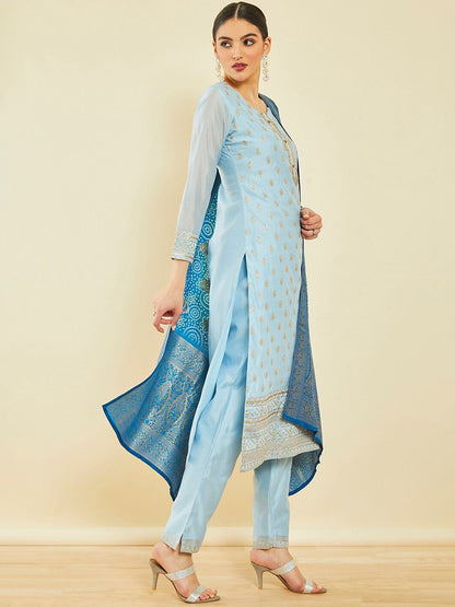 Dhiyona SO Women's Ethnic Motifs Embroidered Sequinned Chanderi Silk Kurta With Trousers & Dupatta