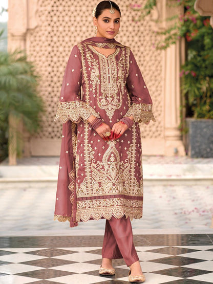 Floral Embroidered Notch Neck Zari Organza Kurta With Trousers And Dupatta