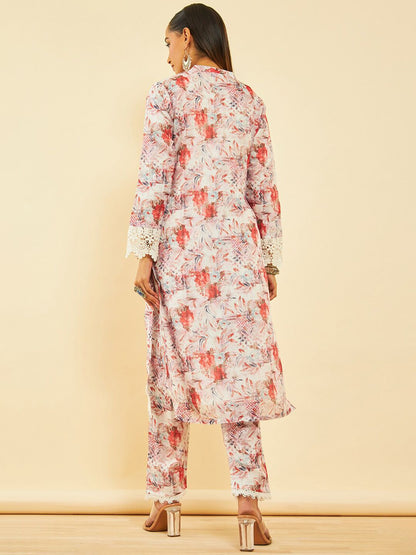 Dhiyona SO Women's Floral Printed Mandarin Collar Three-Quarter Sleeves Kurta with Trousers