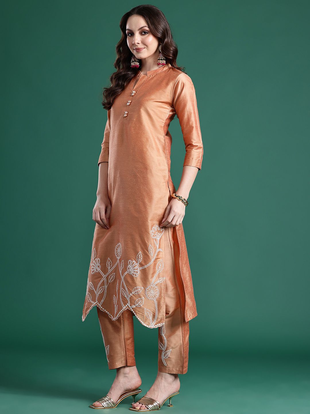 Floral Embroidered Thread Work Pure Cotton Kurta with Trousers